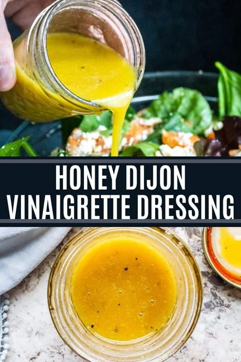 This easy Honey Dijon Vinaigrette Dressing is perfect for salads, wraps and veggies! This healthy vegetarian dressing comes together in only 5 minutes and requires no cooking. Vegetarian Dressing, Dijon Vinaigrette Dressing, Healthy Dressing Recipes, Vinaigrette Dressing Recipe, Plats Healthy, Dijon Vinaigrette, Salad Dressing Recipes Homemade, Honey Dijon, Honey Mustard Dressing