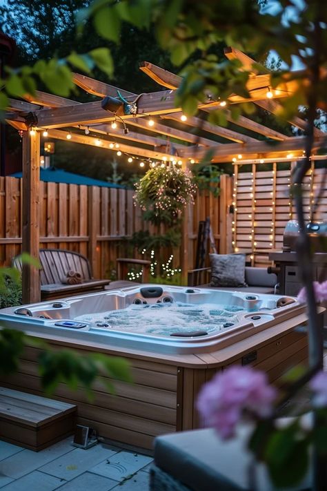 My Top Picks for Hot Tub Pergola Ideas Hot Tub Pergola With Bar, Outside Hot Tub Ideas Diy, Deck Hot Tub Design, Deck With Pergola And Hot Tub, Roof Over Hot Tub Ideas, Secluded Hot Tub Ideas, Wood Hot Tub Surround, Hot Tub Garden Ideas Pergolas, Hot Tub Terrace