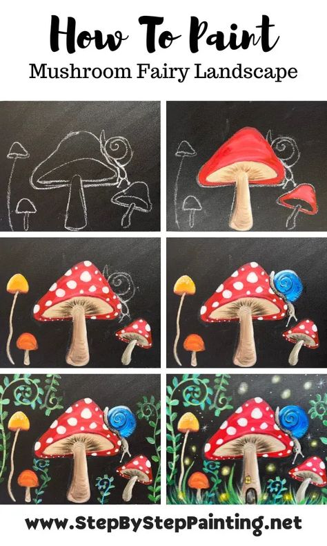 Cute Paint Night Ideas, Mushroom Fairy Garden Drawing, Step By Step Mushroom Painting, Painting A Mushroom, Mushroom Forest Painting Easy, Mushroom Door Painting, Woodland Painting Ideas, Fall Mushroom Painting, Mushroom Acrylic Painting Easy