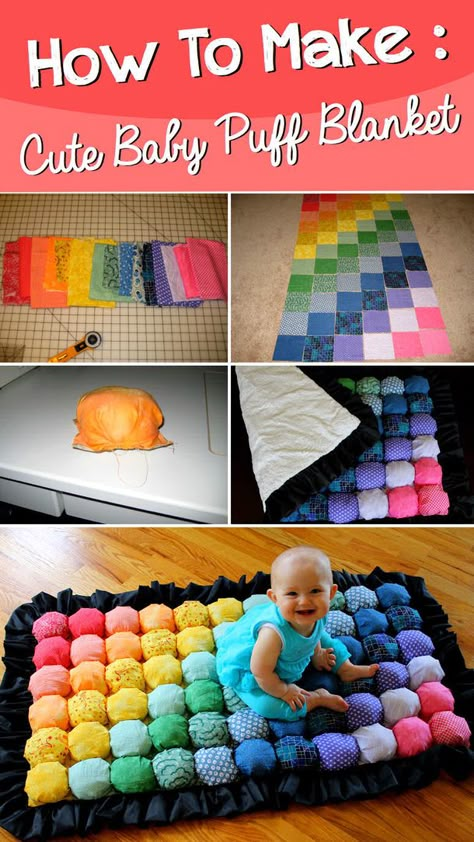 Here is a cute and fun baby quilt idea perfect for moms to be or babies.  If you're trying to figure out the perfect present for an expecting mother or a baby's upcoming birthday, then look no further. Puff Blanket, Blankets Knitted, Baby Puffs, Diy Gifts To Make, Projek Menjahit, Diy Sy, Puff Quilt, Cute Diy Projects, Diy Bebe