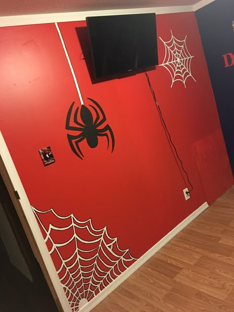 Spiderman Room Paint Ideas, Diy Spiderman Bedroom Decor, Spiderman Bedroom Wall, Spiderman Wall Art Diy, Spiderman Accent Wall, Spiderman Wall Mural, Spider Man Mural, Spider Man Bedroom Decor, Spider Man Wall Painting Ideas