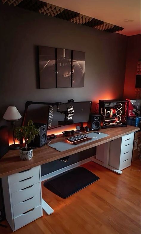 Black Gaming Room Setup, Game Room Minimalist, Male Gaming Room, Beginner Gaming Setup, Men’s Gaming Room, Guys Gaming Room, Adult Gaming Room, Diy Gamer Desk, Gaming Room Inspiration