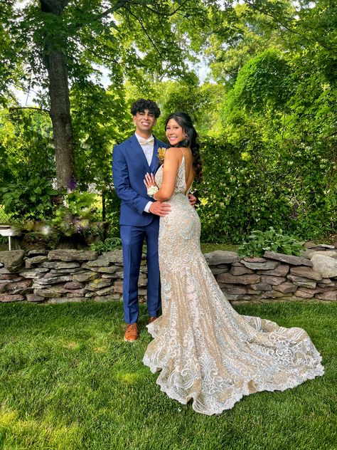 Prom Couple Pose Ideas Gold Dress Blue Suit Vest Brown Shoes Outside Photoshoot Silver Dress Prom, Prom Date Pictures, Gold Prom Suit, Blue Suit Brown Shoes, Prom Dates, Blue And Gold Dress, Prom For Guys, Prom Picture Poses, Silver Prom Dress