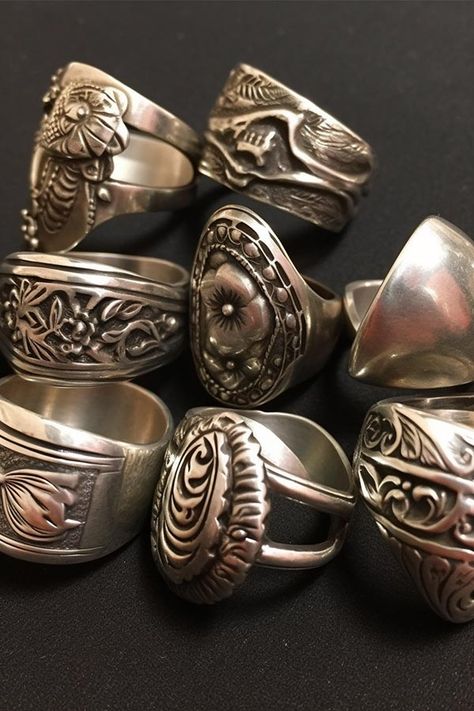 Jewelry Made From Silverware Diy, Recycled Silverware Crafts, Making Jewelry From Silverware, How To Make Spoon Jewelry, Fork Rings Silverware Jewelry, How To Make Spoon Rings Diy, How To Make A Spoon Ring, Making Spoon Rings, Cutlery Jewellery Ideas