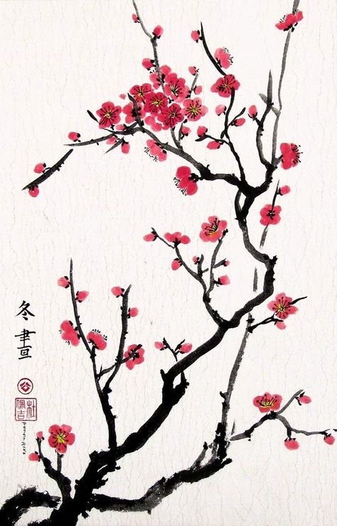 Cherry Blossom Painting, Cherry Blossom Art, Chinese Brush Painting, Blossom Tattoo, Cherry Blossom Tattoo, Japon Illustration, Pola Sulam, Blossoms Art, Japanese Flowers