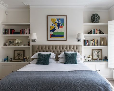 It's always tempting to reinstate a fireplace into a chimney breast that has been filled in, or, as we mentioned above, to build wardrobes across it. However, placing the head of the bed on a chimney breast can be a good use of space – and of a focal wall. That way, you can devote the alcoves above, not just to bedside tables – but to an entire storage system, too.  Putting wall lights over the bed, rather tha Bedroom Chimney Breast, Bedroom Alcove, Small Guest Rooms, Small Bedroom Storage, Box Bedroom, Small Bedroom Designs, Chimney Breast, Bedroom Setup, Wall Lights Bedroom