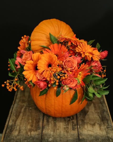 Halloween Flower Arrangements, Pumpkin Floral Arrangements, Deco Fruit, Holiday Floral Arrangements, Fall Pumpkin Centerpieces, Pumpkin Vase, Pumpkin Arrangements, Fall Flower Arrangements, Fall Floral Arrangements