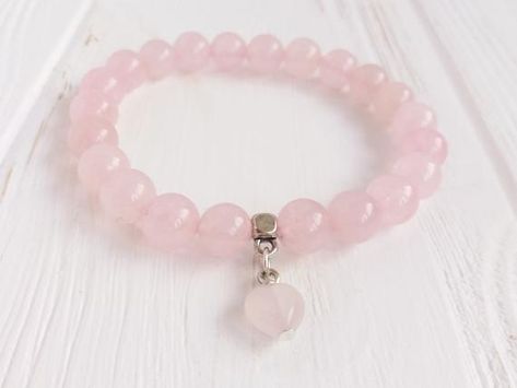 Rose Quartz Bracelet Aesthetic, Pink Crystal Bracelet, Stackable Beaded Bracelets, Anahata Chakra, Beaded Jewelry Bracelets, Puffy Heart Charms, Howlite Bracelet, Rose Quartz Bracelet, Crystal Healing Bracelets