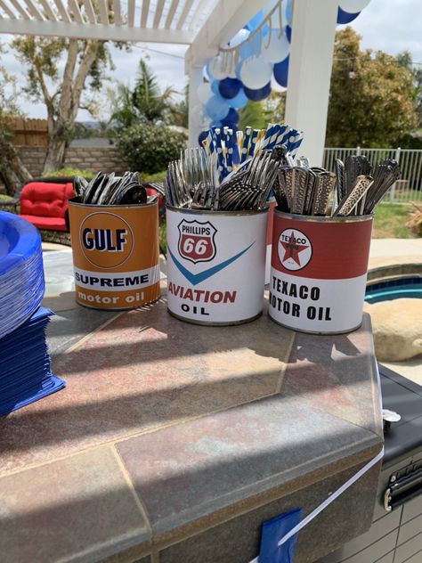 Racing Theme Graduation, Car Themed Sweet 16, Muscle Car Themed Birthday Party, Classic Car Birthday Party Ideas For Men, Gas Station Party, Car Party Theme, Muscle Car Party, Nascar Decor, Diesel Mechanic Graduation Party Ideas