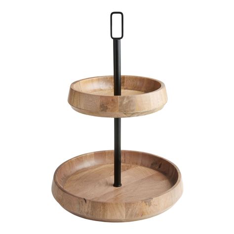 Light Mango Wood And Black Metal Modern 2 Tier Serving Stand - World Market Modern Serveware, Modern Serving Trays, Wood And Black Metal, Tiered Tray Stand, Serving Stand, Wood And Black, Tiered Serving Trays, Fruit Stands, Round Light