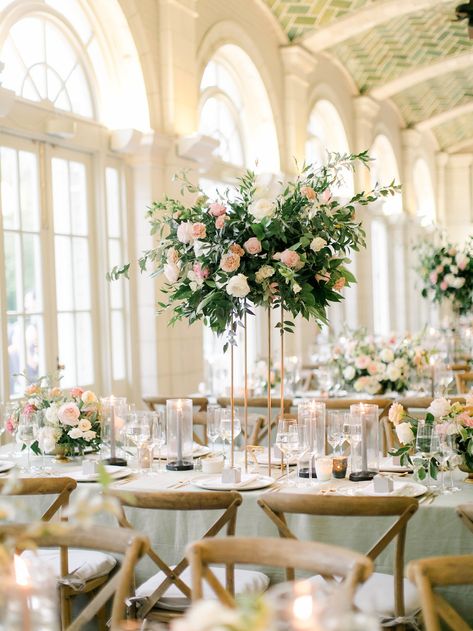 Read More: https://www.stylemepretty.com/2019/02/01/ethereal-brooklyn-wedding-at-prospect-park-boathouse/ Wedding Table Placement, Boathouse Wedding, Wedding Floral Centerpieces, Tall Centerpieces, Prospect Park, Brooklyn Wedding, Floral Ideas, Indoor Wedding, Wedding Table Centerpieces