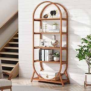 Bed Diy Ideas, Arched Bookcase, Salon Reception Area, Bookcase Modern, Open Bookshelf, Industrial Bookcases, Open Bookshelves, Kitchen Storage Shelves, Tall Bookcases