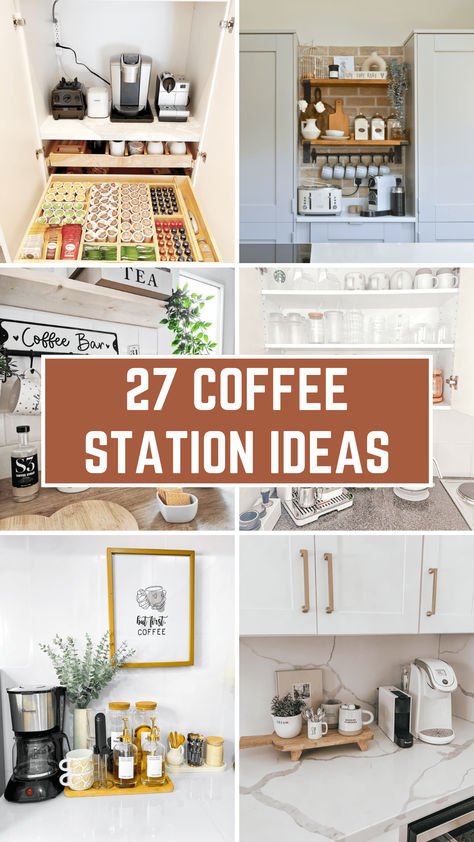 A cozy kitchen corner with a coffee station featuring a wooden shelf, coffee maker, mugs hanging on hooks, and jars of coffee beans and sugar. At Home Coffee Station Ideas, Kitchen Pantry Coffee Station, Hiding Coffee Station In Kitchen, Small Home Coffee Station, Coffee Station With Open Shelving, At Home Coffee Bar Small Spaces, Coffee Bar Station Small Spaces Countertop, Coffee Station Shelf Ideas, Diy Kitchen Coffee Station