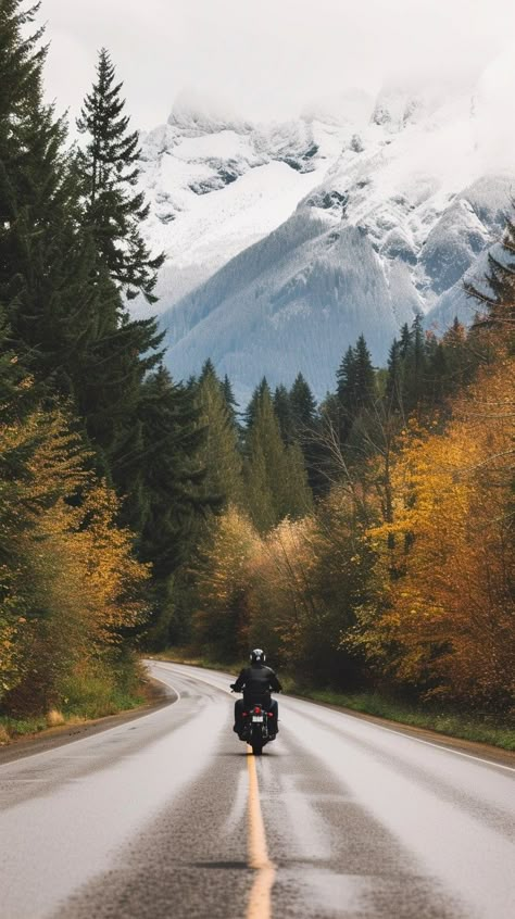 Motorcycle Mountain Adventure: A solo motorcycle rider travels down a picturesque road flanked by autumn trees and snowy mountains. #motorcycle #mountains #adventure #road #autumn #aiart #aiphoto #stockcake �⬇️ Download and 📝 Prompt 👉 https://ayr.app/l/wHJW Motorcycle Road Trip Aesthetic, Beautiful Roads Photography, Mountain Road Painting, Bike Travel Photography, Motorcycle Mountains, Photo Moto, Travel Motorcycle, Adventure Photoshoot, Bookmark Watercolor