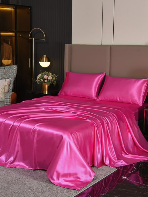 4pcs Plain Satin Sheet Set Without Filler, 1pc Fitted Sheet & 1pc Flat Sheet & 2pcs Pillowcase, BeddingI discovered amazing products on SHEIN.com, come check them out! Satin Bed Sheets, Satin Bed, Queen Size Sheets, Satin Bedding, Satin Sheets, Room Deco, Apartment Decor Inspiration, Pink Room, Room Makeover Inspiration