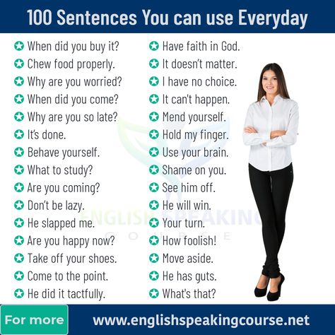 100 English Sentences for Regular Use - Speaking Online English Speaking Course, English Word Meaning, English Conversation Learning, Basic English Sentences, Proper English, Study English Language, English Learning Spoken, Fluent English, Grammar For Kids