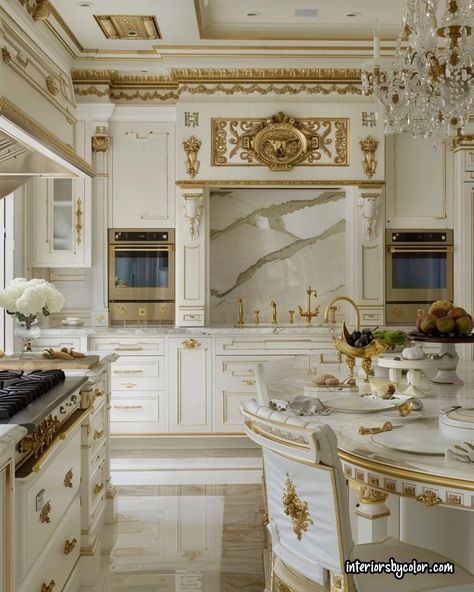 White Kitchen with Gold Accents - Interiors By Color Golden White Kitchen, White Gold House Interior, Gold And White Kitchen Ideas, Gold And White Range, White And Gold Mansion, Gold Kitchen Appliances, Kitchen Interior White, White And Gold Kitchen Ideas, Black White And Gold Kitchen