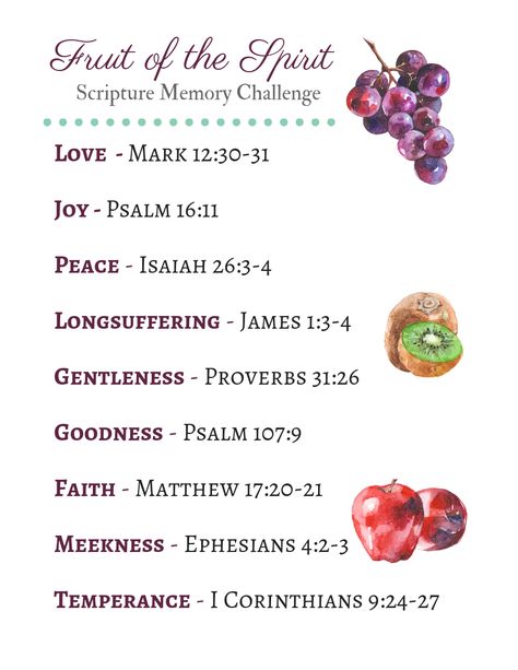 Fruit of the Spirit Scripture Memory Printable Fruit Of The Spirit Scripture, The Fruit Of The Spirit Printables, Fruits Of The Spirit Printable, Fruit Of The Spirit Printable, Proverbs 31 26, Psalm 16:11, Fruits Of The Spirit, Scripture Writing, Squash Seeds