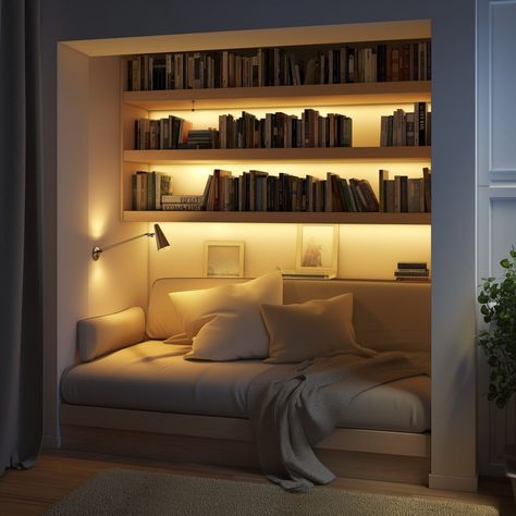 bedroom_Glow_in_Reading_Nooks_Carve_out_a_cozy_littl 2 Reading Nook For Two, Book Corner Room Ideas, Library In The Bedroom, Reading Area In Bedroom Aesthetic, Books Corner Ideas, Reading Nook Design, Cozy Reading Room Aesthetic, Corner Space Decor, Reading Corner Aesthetic Bedroom