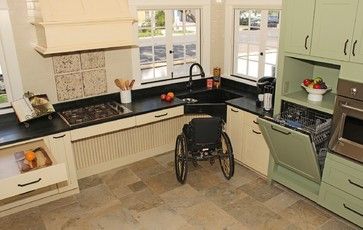 Space under the corner sink and cabinets accommodates a wheelchair, while the slightly raised dishwasher makes loading and unloading dishes easier for everyone.  (Cabinets by Design) Accessible Home, Accessibility Design, Accessible House, Accessible Kitchen, Accessible Bathroom, Wheelchair Friendly, Wheelchair Accessible, Kitchen Cabinet Design, Universal Design