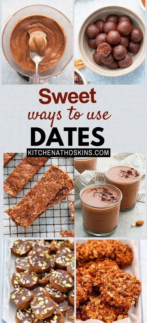 Discover mouthwatering date recipes for snacks, smoothies, no-bake treats, and desserts. If you have wondered what to do with dates, then you are sure to find ideas for clean eating, vegan or healthy recipes using Medjool dates at kitchenathoskins.com. Recipes Using Date Paste, How To Use Dates In Recipes, Healthy Date Recipe, Recipes With Dates Healthy, Healthy Date Recipes, Healthy Date Desserts, Benty Pucks, Dates Recipes Healthy, Date Recipes Medjool