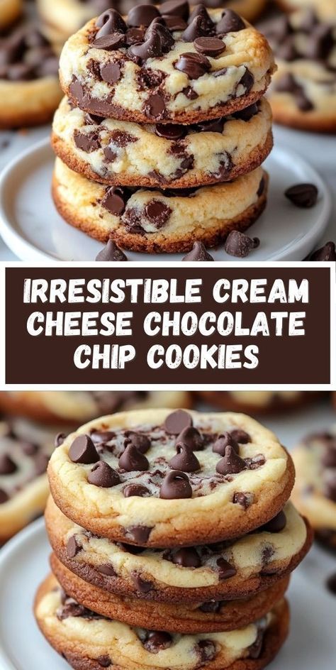 Creamy, soft, and absolutely irresistible! These Cream Cheese Chocolate Chip Cookies are the perfect treat for anyone who loves cheesecake and cookies in one bite. With a perfect blend of sweet and tangy flavors, these cookies will satisfy your cravings and become a family favorite in no time. Soft Cookies Flavor, Cream Cheese And Chocolate Chip Recipes, Cookies And Desserts, Stuff To Make With Chocolate Chips, No Bake Cheesecake Cookies, Christmas Cookies And Desserts, Desserts Made With Chocolate Chips, Cream Cheese Chips Recipes, Great Desert Ideas