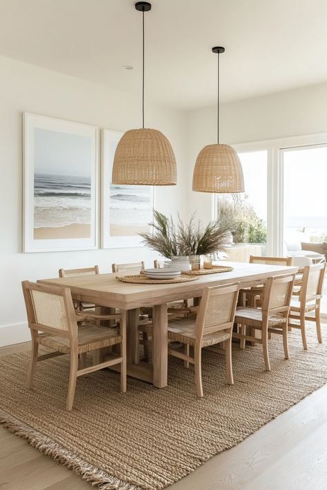 ♥ Are you dreaming of a coastal dining room to impress your guests? Dive into the charm of this coastal cottage-inspired space with coastal wallpaper and a coastal aesthetic. Get inspired for your small dining room decor with elegant dining room ideas. 🌊✨ #diningroomdecor #coastalliving #diningroomdesign Dining Room With Open Kitchen, Aesthetic Dinning Room Idea, Light Colored Dining Room Table, Modern Lake House Dining Room, Coastal Conference Room, Coastal Rugs Dining Room, Picnic Table Dining Room Indoor, Natural Dining Room Ideas, Small Cottage Ideas Interior