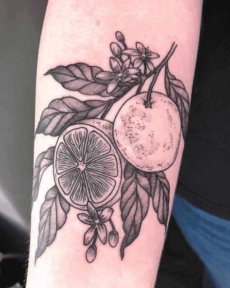 Orange Tattoo Black And White, Orange Tattoo Ink, Orange Tattoo, Tattoo Ink Colors, Fruit Tattoo, Tattoo Artwork, Blossom Tattoo, Botanical Tattoo, Bad Tattoos