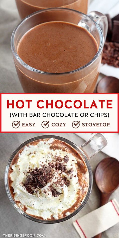 Learn how to make a rich & satisfying homemade hot chocolate on the stove top with simple ingredients like a chocolate bar or chips, your favorite sweetener, milk (dairy or dairy free), vanilla extract, and whipped cream. This recipe is so easy you'll want to make it on repeat all fall & winter long (for one or a crowd) - especially for Thanksgiving and Christmas! Hot Chocolate Recipes With Chocolate Bar, Hot Chocolate Made With Chocolate Chips, Hot Chocolate With Half And Half, Serving Hot Chocolate At A Party, Easy Homemade Hot Chocolate Simple, Easy Homemade Hot Chocolate Recipe, Hot Chocolate On The Stove, Stove Top Hot Cocoa, Stove Top Hot Chocolate Recipes