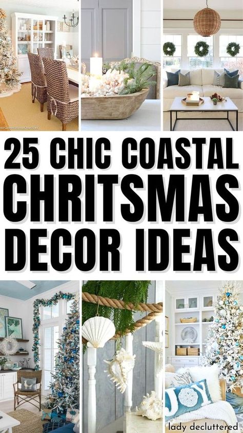 Christmas Decor Ideas Florida, Christmas Beachy Decor, Seaside Christmas Decorations, Coastal Winter Decor Ideas, Winter Coastal Bedroom, Christmas Decor Ideas Beach Theme, Christmas Florida Decorations, Coastal Holiday Decor Christmas Ideas, Christmas Decor Ideas Coastal