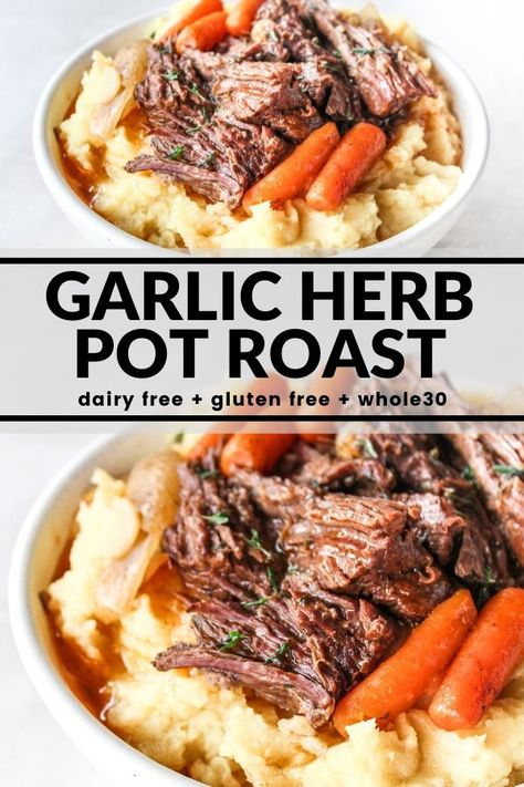 This easy pot roast cooks in the slow cooker with carrots, onions, and an incredibly delicious garlic herb gravy! The finished meat is fall apart tender. Serve over mashed potatoes (or add the potatoes to the slow cooker if you prefer) for the ultimate comfort food meal! 2023 Crockpot Meals, Roast Beef Mashed Potatoes, Crockpot Food Recipes, Crockpot Recipes For Working Moms, Easy Crockpot Sunday Dinner Ideas, Easy To Pack Snacks, Best Pot Roast Crock Pot Recipes With Gravy, Food Network Fall Recipes, Stay At Home Mom Dinner Ideas