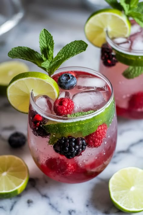 A photo of a  Berry Mint Mocktail Splash a Mocktail Recipes for Dry January Mocktails Non Alcoholic Easy Low Calorie, Alcohol Free Martini, Mocktails Non Alcoholic Aesthetic, Spindrift Mock Tails, Strawberry Mint Mocktail, Fun Easy Mocktails, The Best Mocktails, Nye Alcoholic Drinks, Berry Mocktail Recipes