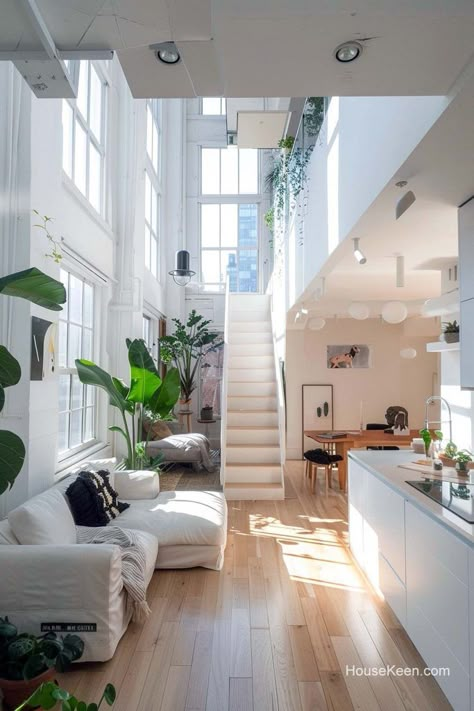 White Studio Apartment, Tall Bed, Small Floor Plans, Tall Windows, High Ceilings, Studio Space, Studio Apartment, High Ceiling, Tiny House