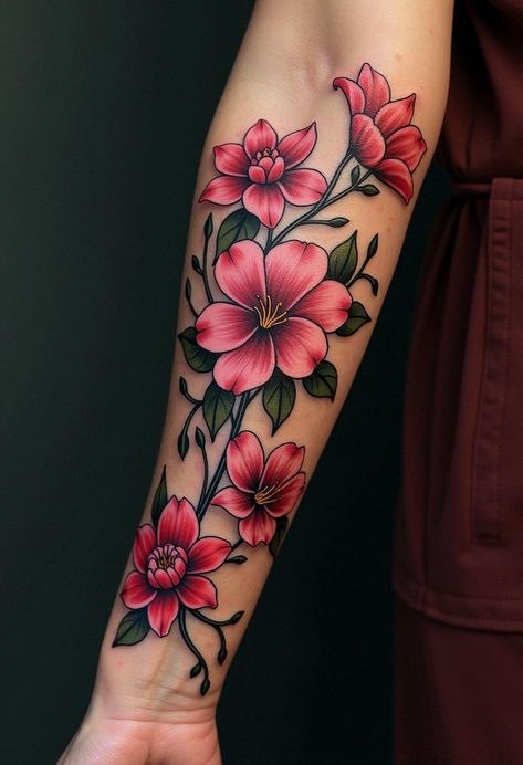 Stunning Tattoos: Flower Designs For You - Artful Ink Purple Flower Tattoos For Women, Color Flowers Tattoo, Color Tattoo Flower, Color Flower Tattoo, Floral Sleeve Tattoo, Neo Traditional Roses, Flowers Tattoos, 12 Tattoos, Stunning Tattoos