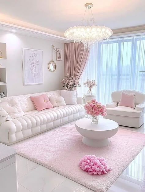 Feminine Modern Living Room, Pink Luxury Apartment, Dreamy Apartment Aesthetic, Pink And White Apartment, White Pink Living Room, Pink Sofa Living Room, Girly Living Room, Preppy Living Room, Feminine Living Room