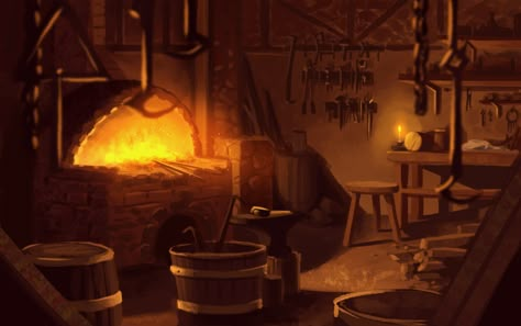 Blacksmith's Shop by Zanariya.deviantart.com on @deviantART Blacksmith Workshop, Fantasy Shop, Blacksmith Forge, Heroic Fantasy, Blacksmith Shop, Adventure Game, Fantasy Setting, Fantasy Map, School Project