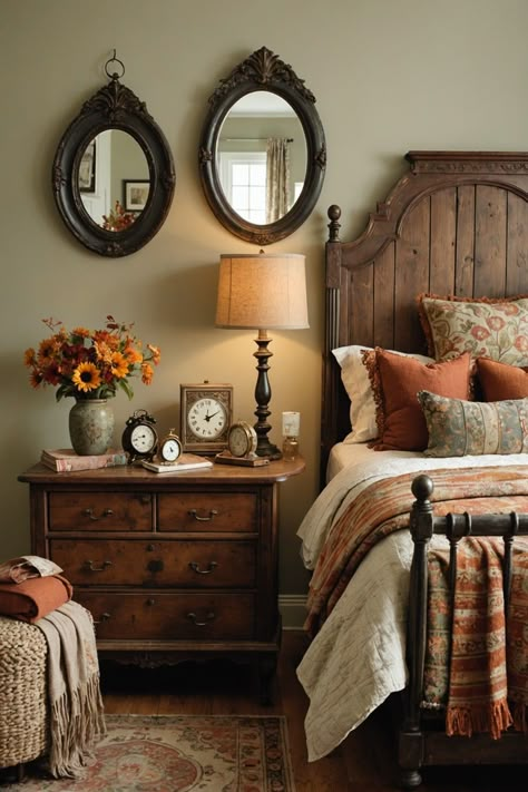 20 Fall Bedroom Decor Ideas – ToolzView Cabin Country Decor, Decorative Dresser Ideas, French Country Vintage Decor, Bedroom Fireplace Decor Ideas, Old Money Home Decor Aesthetic Vintage, Cozy Light Academia Bedroom, Antique Western Bedroom, Vintage Wood Nightstand, Cherry Sleigh Bed Decor Bedroom Ideas