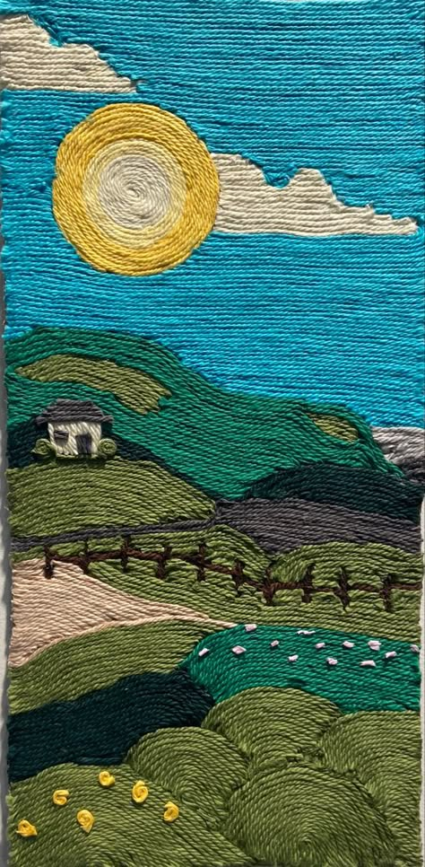 Yarn Landscape Art, Yarn Collage, Canvas And Yarn Wall Art, Yarn Pictures Art, Yarn Painting Ideas, Yarn On Canvas, Wet Tissue Paper Art, Crochet Painting, Yarn Painting Art