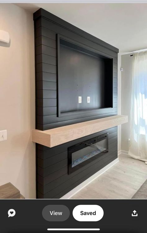 Floating Tv Fireplace Wall, Shiplap Electric Fireplace Ideas, Basement Wall Tv, Built In Tv Wall Unit Cathedral Ceiling, Fireplace Mantel Wrap Around, Shiplap With Tv Mount, Black Shiplap Electric Fireplace Wall With Tv, Livingroom Tv Wall Ideas Mount Tv Flat Screen Tvs, Tv Fireplace Wall Ideas Bedroom