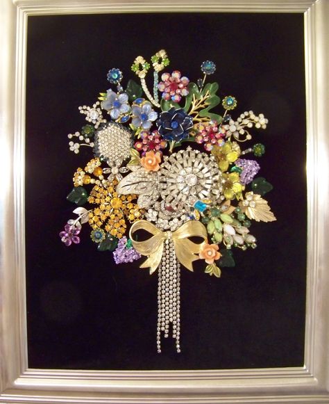 my bouquet of rhinestones created with vintage brooches, earrings, rhinestone and placed in a shadowbox frame. Jewelry Shadow Box, Brooch Display, Old Jewelry Crafts, Costume Jewelry Crafts, Jewerly Displays, Vintage Jewelry Ideas, Jewelry Frames, Vintage Jewelry Repurposed, Jewelry Christmas Tree