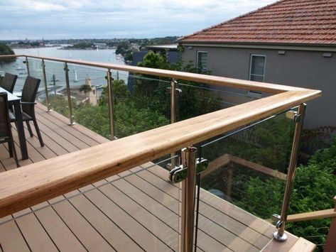 Glass balustrade with Timber Top Rail Decking Glass Balustrade, Glass Balcony Railing, Glass Railing Deck, Glass Pool Fencing, Glass Fence, Glass Balcony, Balcony Railing Design, Glass Pool, Home Balcony