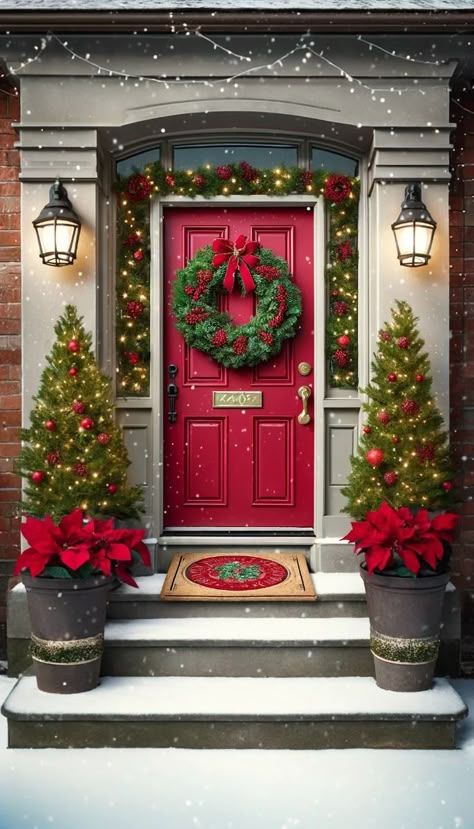 Check out these 21 front door decor ideas that are sure to wow your guests and boost your curb appeal instantly. --- A festive front door decorated for Christmas. The door is painted a vibrant red and adorned with a lush green wreath decorated with red berries and a gold bow. Flanking the door are small evergreen trees wrapped in twinkling fairy lights and set in rustic planters. The steps are lined with poinsettias and a welcoming doormat with a Christmas theme. Snow lightly dusts the scene, Front Door Decor Ideas, Front Door Christmas Decorations, Christmas Front Door, Modern Christmas Decor, Christmas Front Doors, Door Decor Ideas, Christmas Porch Decor, Christmas Decorations Living Room, Green Wreath