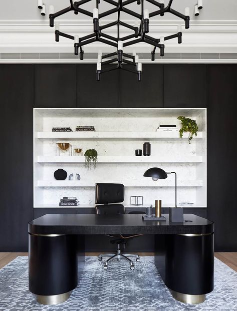 A cool, contemporary aesthetic prevails in the office of this bold 19th century home revamped by Christopher Elliott Design. Photograph: Jack Lovel. From Belle November 2018. Manager Room, Room Template, Study Nooks, Diy Storage Solutions, European Interiors, Study Home Office, Melbourne Home, Timber Slats, Regency Furniture