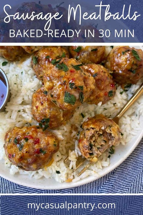 These oven-baked sausage meatballs are glazed with sweet chili sauce for a flavor combination that will have your family clamoring for more. Ready in just 30 minutes, these meatballs are sure to be a weeknight favorite. Serve these as an appetizer on game day or with pasta for dinner. Easy, comforting, and delicious! Ground Sausage Meatballs, Sausage And Beef Meatballs, Sausage Ground Beef Meatballs, Spicy Sausage Meatballs, Italian Sausage Meatballs And Peppers, Meatballs And Sausage In Sauce, Meatballs With Sausage, Pork Sausage Meatballs, Sausage Meatballs Recipes