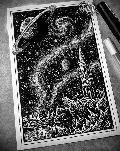 Space Pen Art, Galaxy Ink Drawing, Scenes And Spaces, Space Pen Drawing, Space Gcse Art, Space Ink Drawing, Space Drawing Galaxies Pencil, Sketches Space, Space Drawing Ideas