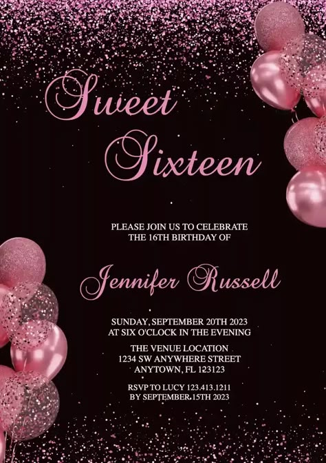 Sweet16 Invitations Ideas, Pink Bday Party Invitations, Sweet 16 Card Invitation, Sweet 15 Invitations Ideas, Save The Date Ideas Sweet 16, Sweet 16 Birthday Invitation Ideas, Sweet 16 Dinner Invitations, Invitation Card Design Sweet 16, Cute Birthday Invitations Template