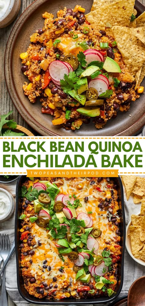 Out of easy comfort food ideas? Try this Black Bean Quinoa Enchilada Bake! This hearty vegetarian enchilada casserole is always a family favorite. Pin this delicious comfort food dinner recipe! Black Bean Quinoa Enchilada Bake, Quinoa Enchilada Bake, Quinoa Enchilada, Black Bean And Quinoa, Bean Quinoa, Enchilada Bake, Black Bean Quinoa, Authentic Mexican Recipes, Enchilada Casserole