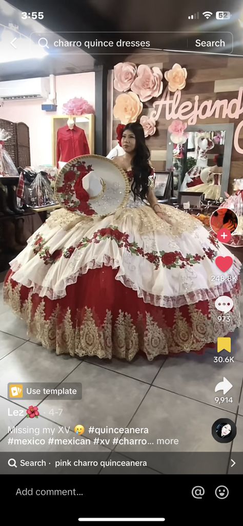 Charro Red Quinceanera Dresses, Red And Black Quinceanera Dresses Mexican, Maruchan Cart Quince, Vaquera Quinceanera Dress, Ranchero Theme Quinceanera, Red Quince Photoshoot, Charo Quince Dresses, Gold Charro Quinceanera Dresses, Puerto Rican Quinceanera