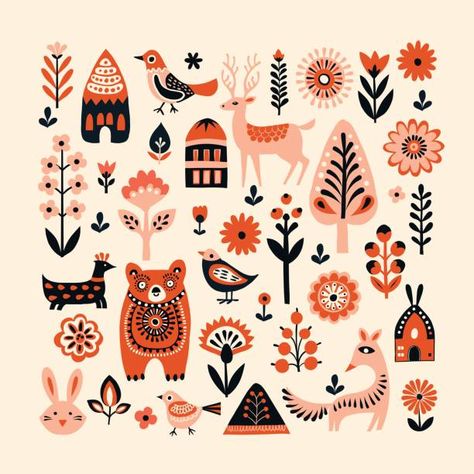 Folk Art Doodles, Scandinavian Folk Art Animals, Icelandic Folk Art, Russian Folk Art Illustration, Folk Art Elements, Folk Art Animals Illustration, Scandinavian Folk Art Tattoo, Folk Art Symbols, Nordic Illustration