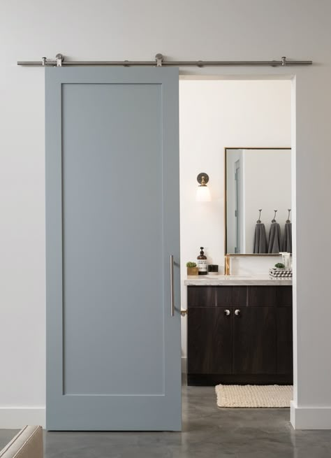 Small Rolling Door, Modern Sliding Doors Bathroom, Sliding Bathroom Doors Small Spaces, Narrow Barn Doors, Ensuite Bathroom Door Ideas, Restroom Door Ideas, Modern Barn Door Bedroom, Small Barn Doors Sliding, Sliding Bathroom Door Small Spaces